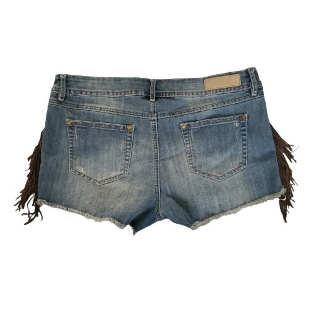 Joujou Women's Faux Suede Side Fringe Raw Hem Cowgirl Jean Denim Shorts Size 13 - Picture 3 of 11